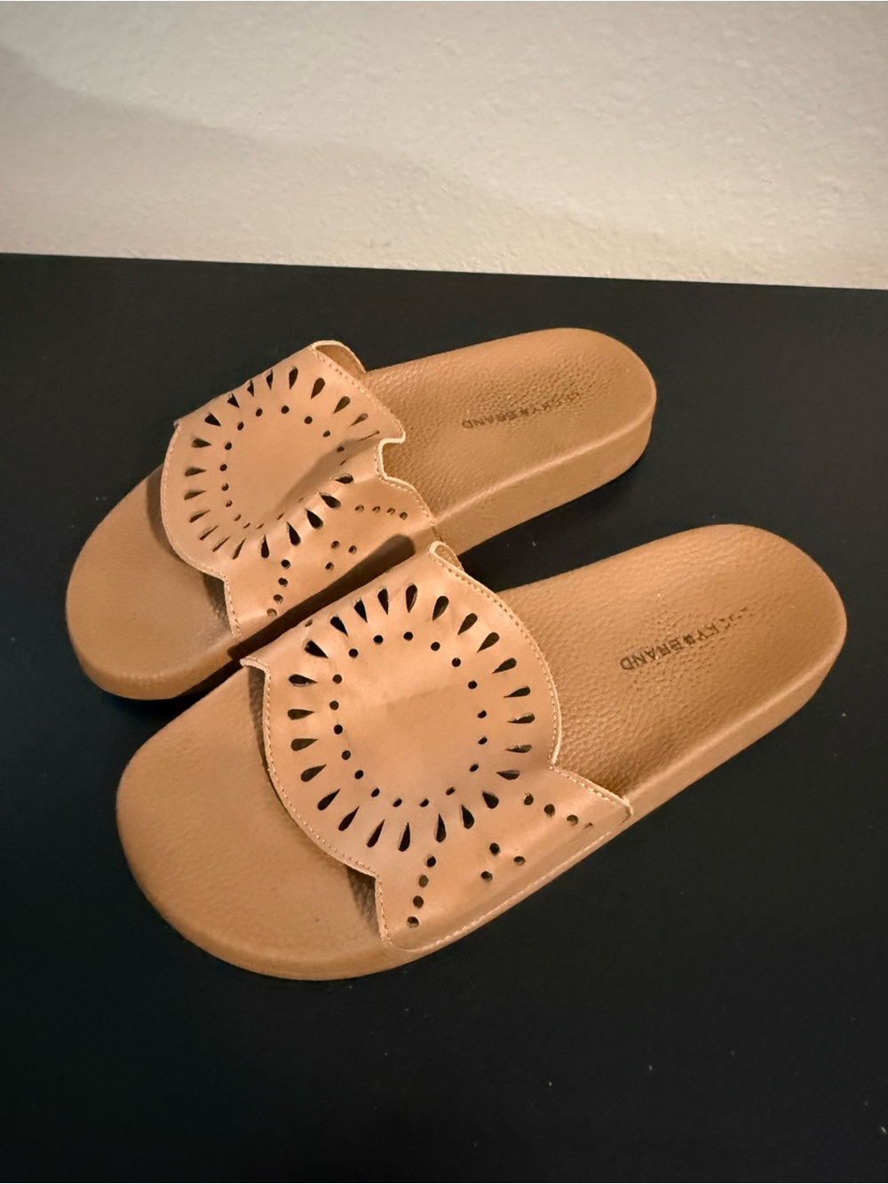 Lucky Brand Tan Laser-Cut Slide Sandals